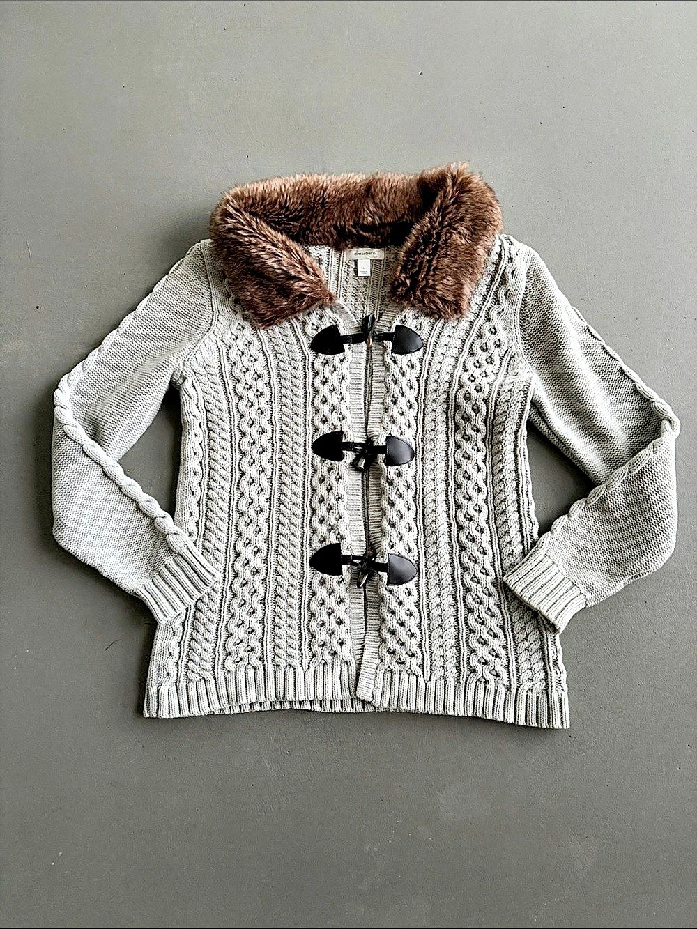 dressbarn Cable Knit Faux Fur Collar Toggle Cardigan Large